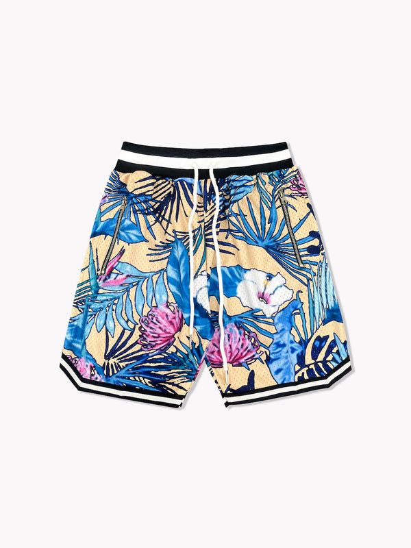 Floral Basketball Shorts-Tan